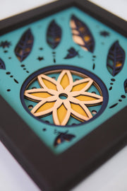 Boho Floral Layered Wood Art – 5 Layer Handcrafted Shadow Box with Feathers | Yellow & Teal Wall Decor | Free Express Shipping