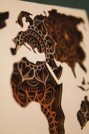 Wooden World Map Wall Art 8-Layer | Laser Cut Mandala Design | Boho Travel Decor | Multiple Sizes | Handmade | Free Express Shipping