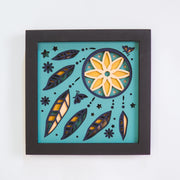 Boho Floral Layered Wood Art – 5 Layer Handcrafted Shadow Box with Feathers | Yellow & Teal Wall Decor | Free Express Shipping