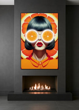 Orange Pop Art Girl Neon Wall Art | UV Printed Plexiglass Retro Fruit Portrait for Colorful Interiors