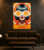 Orange Pop Art Girl Neon Wall Art | UV Printed Plexiglass Retro Fruit Portrait for Colorful Interiors