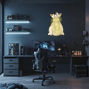 Money Bag Neon Poster | Gold Dollar Sign Plexiglass Wall Art | UV Print LED Room Decor