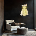 Money Bag Neon Poster | Gold Dollar Sign Plexiglass Wall Art | UV Print LED Room Decor