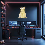 Money Bag Neon Poster | Gold Dollar Sign Plexiglass Wall Art | UV Print LED Room Decor