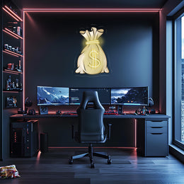 Money Bag Neon Poster | Gold Dollar Sign Plexiglass Wall Art | UV Print LED Room Decor