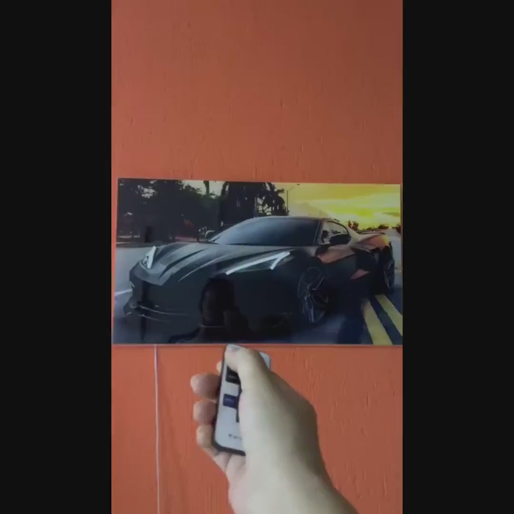 LED Sports Car Wall Art – Acrylic UV‑Printed, Remote Dimmer Included